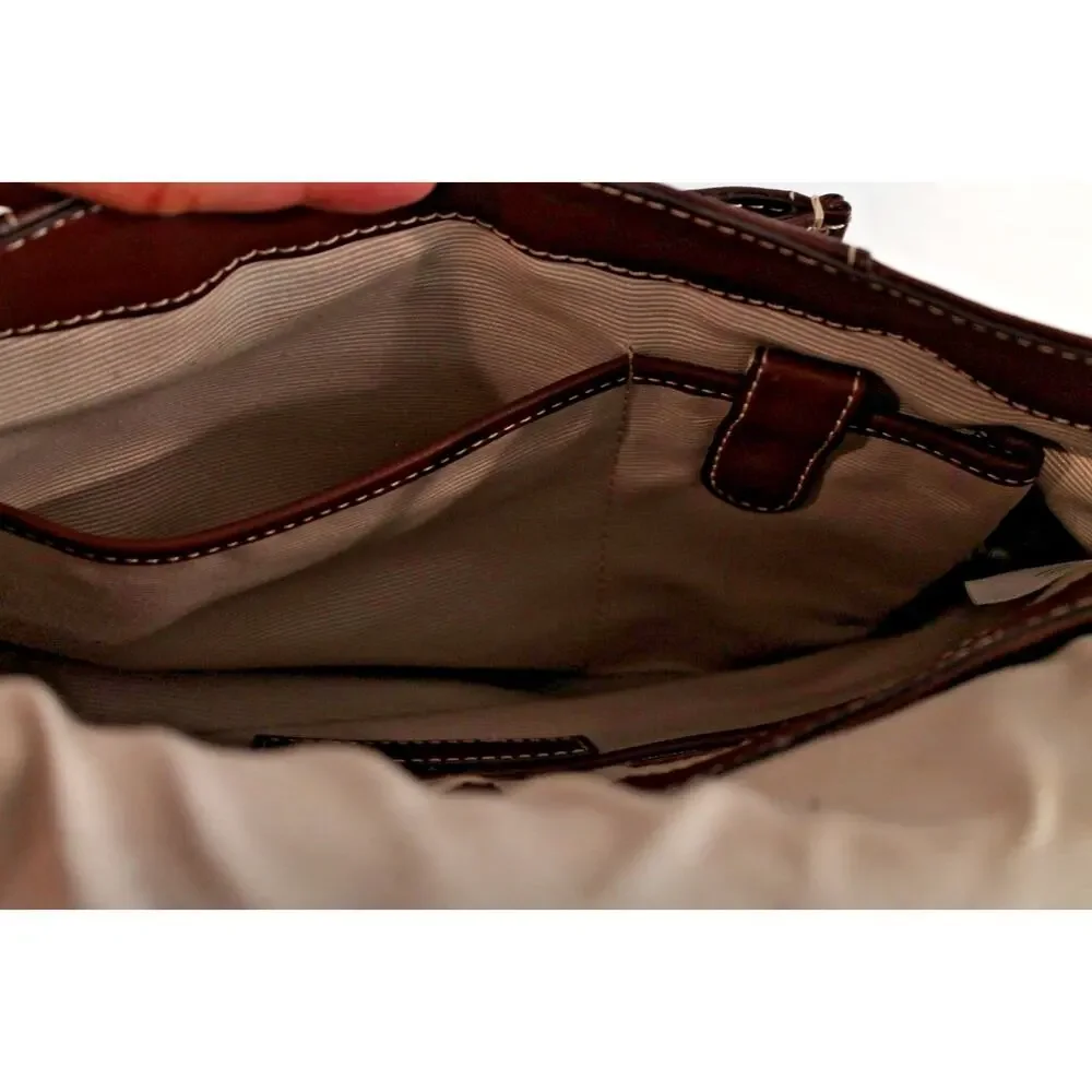 Talbots Leather Handbag Purse Brown White Thread Detailing Flap Closure
